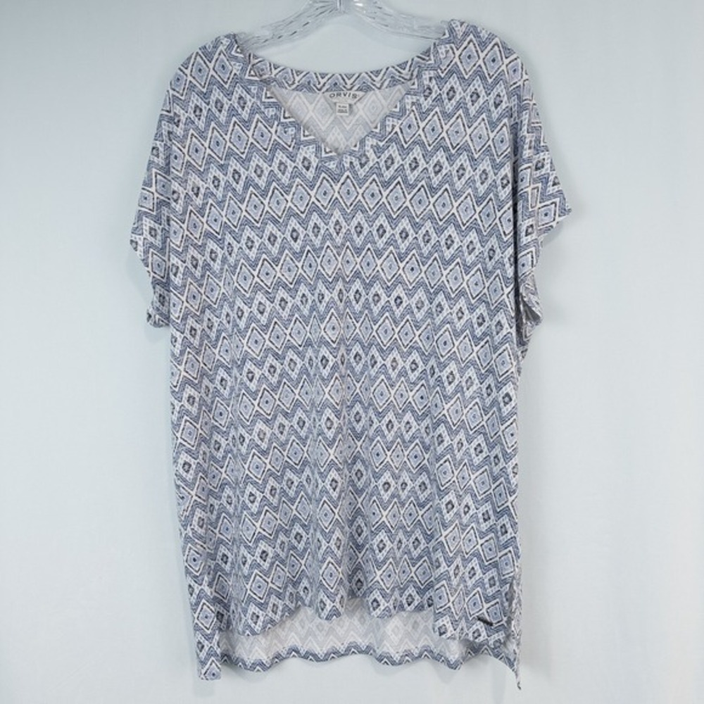 Orvis Cap Sleeve V Neck Tunic Top Womens XL Blue Geo Print Soft Stretchy Boho